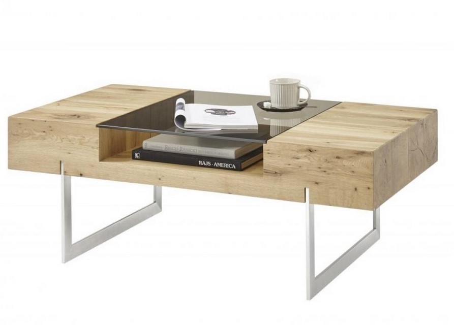 Table basse Design REWA placage en chêne noueux huilé et plateau en verre teinté pas cher : Élégance et Modernité